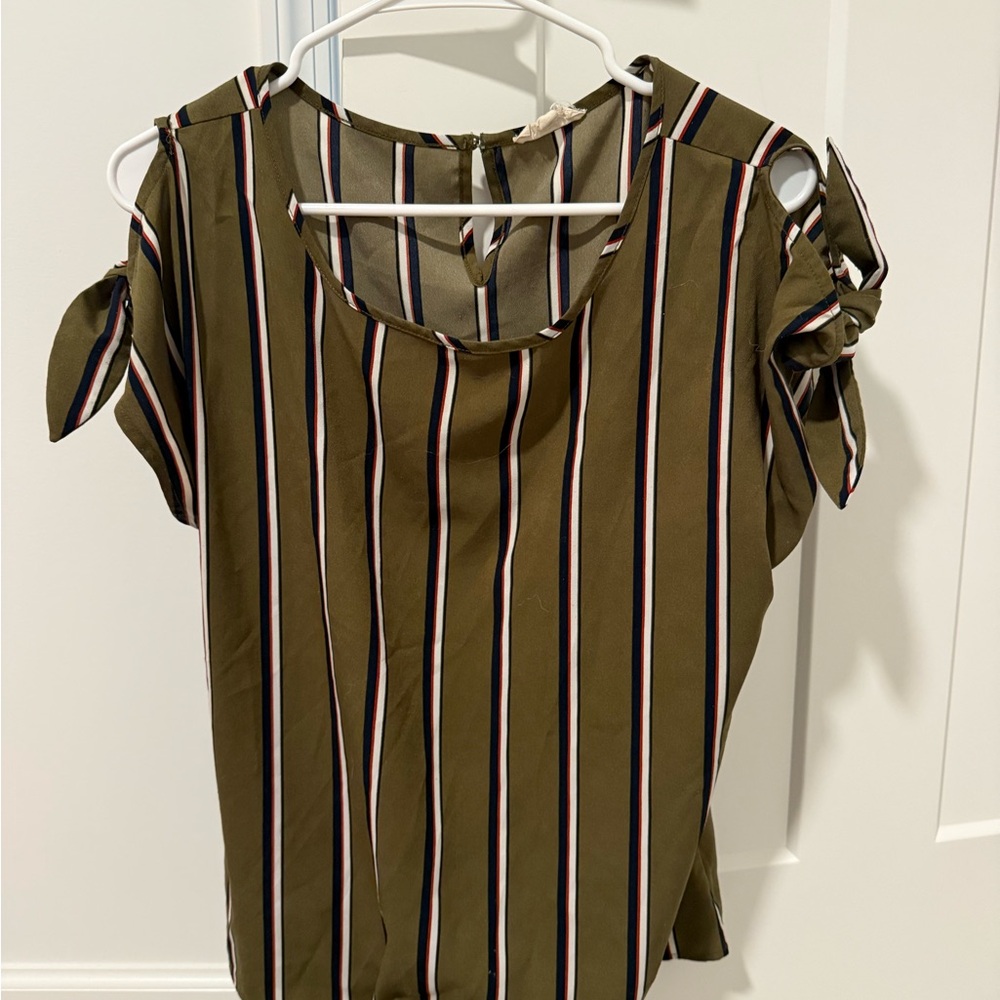 Green and Brown Cap Sleeve Tie Front Blouse
